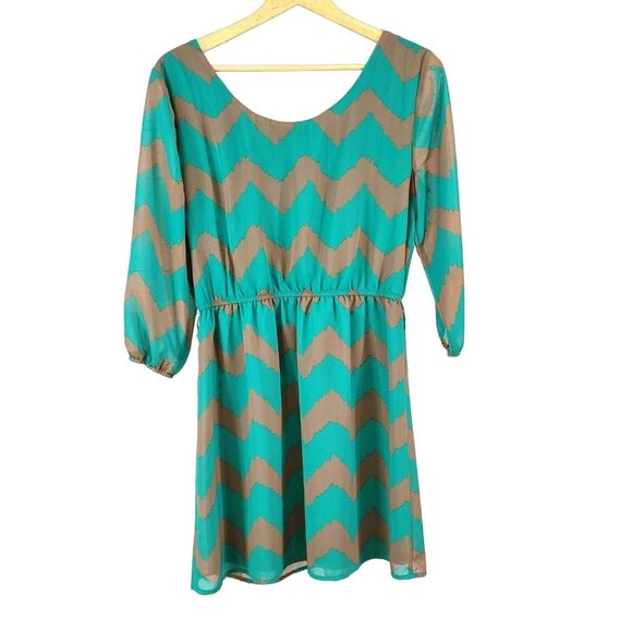 As U Wish Boho Western Mini Dress Green Brown Medium Chevron Lined Sheer Sleeves - Picture 5 of 7